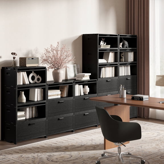 23.75" Modern 2 Drawers Modular End Table Storage Cabinet with Side Handles Black