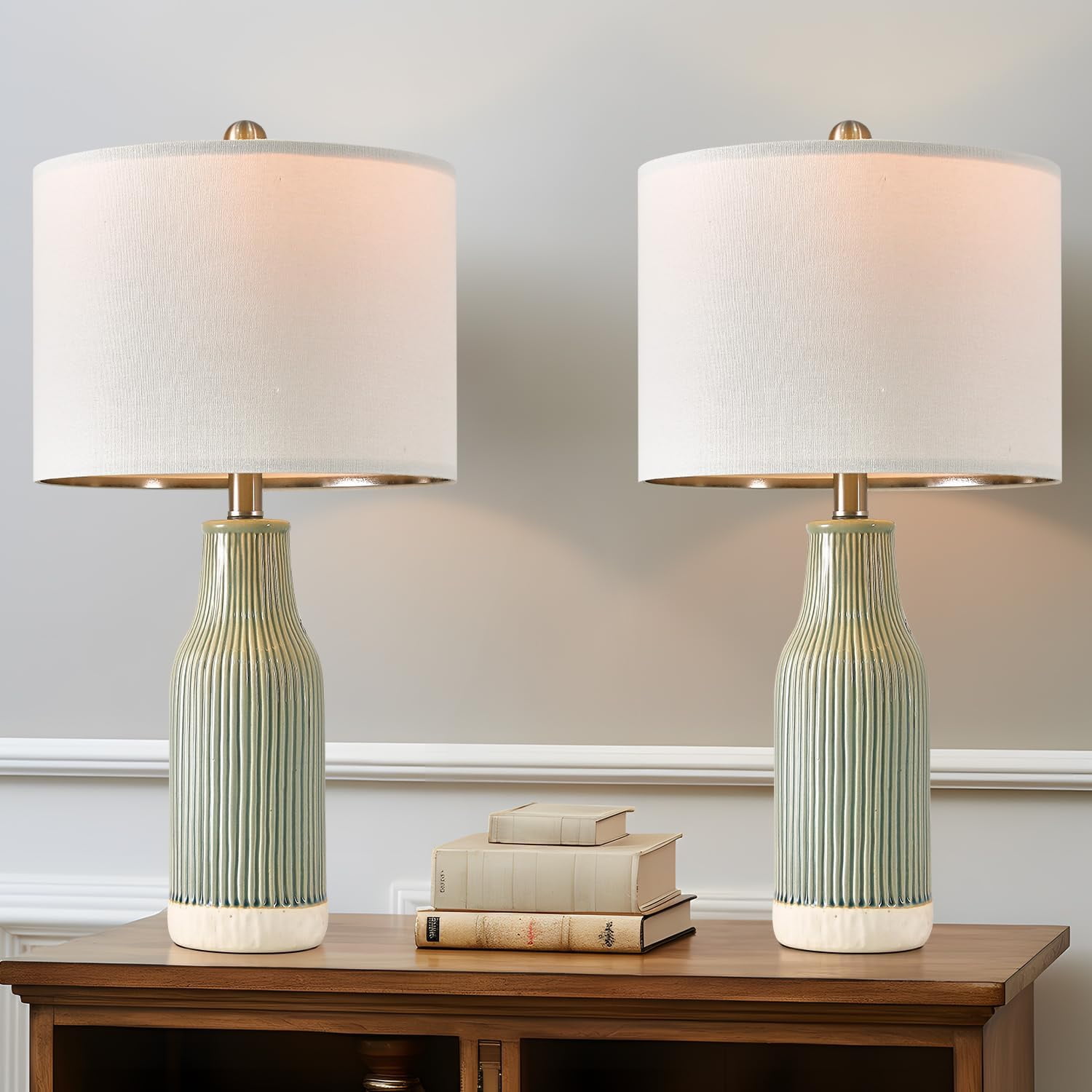Green Ceramic Table Lamp Set with Linen Drum Shades