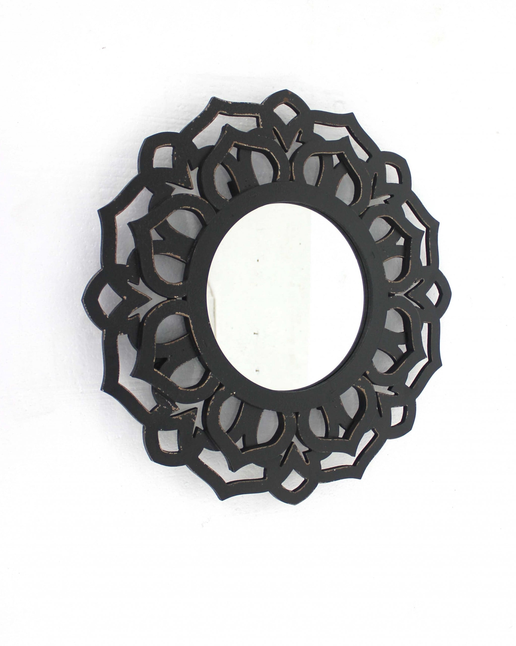 Elegant Traditional Lotus 23.75'' Round Black Wood Wall Mirror