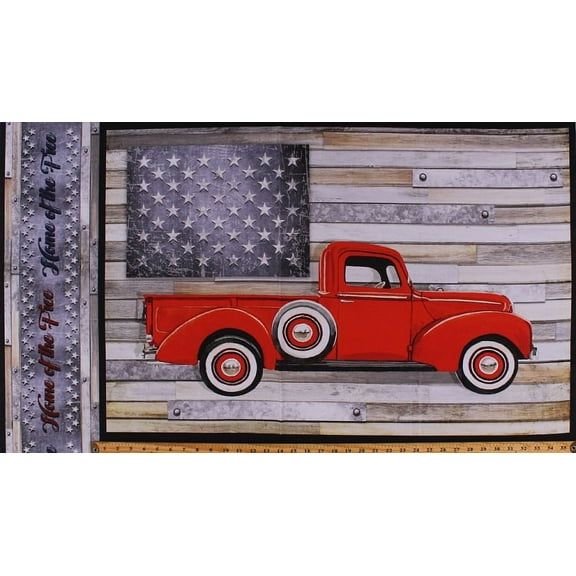 23.75" X 44" Panel Red Retro Vintage Ford Truck Rustic American Flag Patriotic Home of the Free Country Farmhouse Digital Print Cotton Fabric Panel (AWHD-18232-276-COUNTRY)