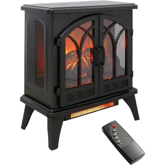 23.7Inch 3D Infrared Electric Stove Heater, Free-Standing Infrared Fireplace, LED Light Source, 1500W, 5018BTU, Overheating Protection, Remote, Timer, Black & Brick Background