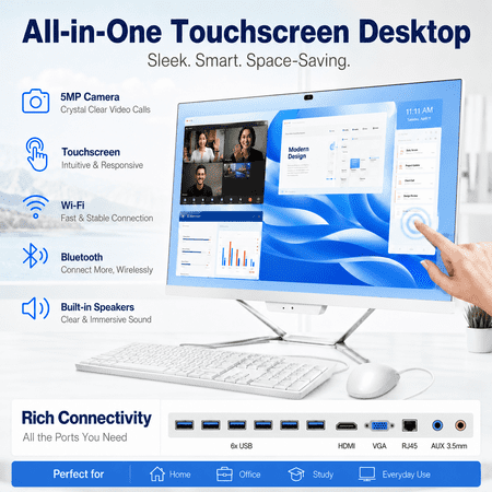 PTZZHEDM 23.8" Touchscreen All-in-One Business Computer, with Webcam, Intel i5-6500, 16GB RAM, 512GB SSD, Win10 Pro, White