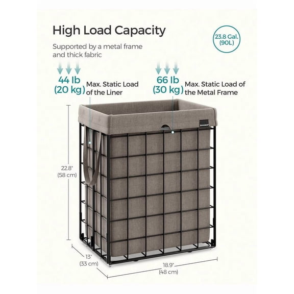 23.8 Gal. (90L) Laundry Basket, Collapsible Clothes Hamper, Removable And Washable Liner, Metal Wire Frame, For Bedroom Bathroom