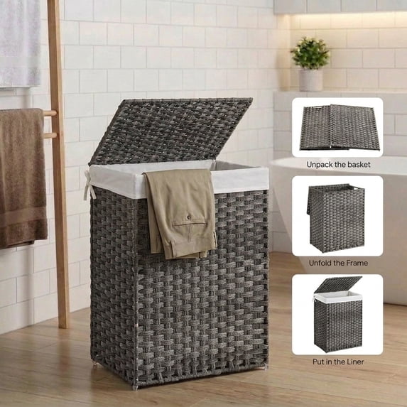 23.8 Gal (90L) White Laundry Hamper Wicker Laundry Basket with Lid and Handles Clothes Hamper Foldable Removable Liner Bag Gray