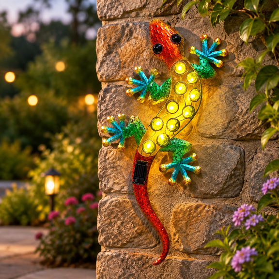 23.8 Inch Solar LED Metal Gecko Wall Decor Lizard Sculpture for Outdoor Garden