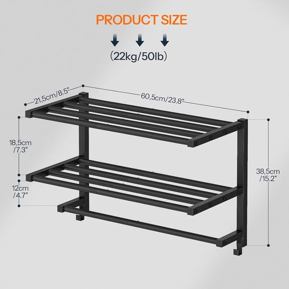 23.8 Inch Towel Rack for Bathroom, 3 Tier Wall Mounted Storage Organizer with Tower Bars and 2 Hooks, Black