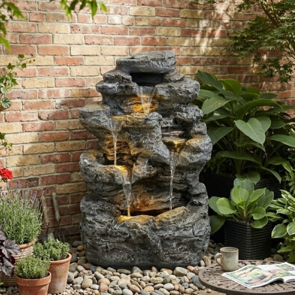 23.85" Tall 5-Tier Concrete Slim Fountain with LED Lighting,Modern Space-Saving Outdoor Water Feature for Patio,Garden,or Courtyard,Durable All-Weather Column,Easy Setup,Calm Relaxing Sound