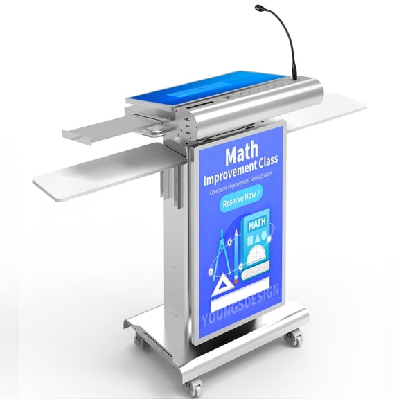 23.8Inch Smart Podium with Built-in PC, Smart Digital Podiums with 32Inch LCD Display Screen, Touchscreen Podiums Height Adjustable 150mm, Support HDMI, Wired & Wireless Mic