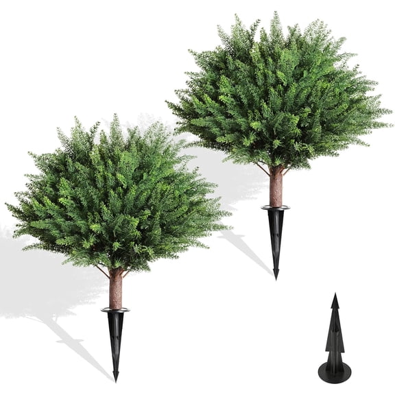 23" Artificial Cedar Topiary Ball Trees Set of 2 Outdoor Faux Plants with Ground Spike, UV Resistant Fake Pine Shrubs Bushes for Indoor Front Porch Yard Decorations (Cypres)