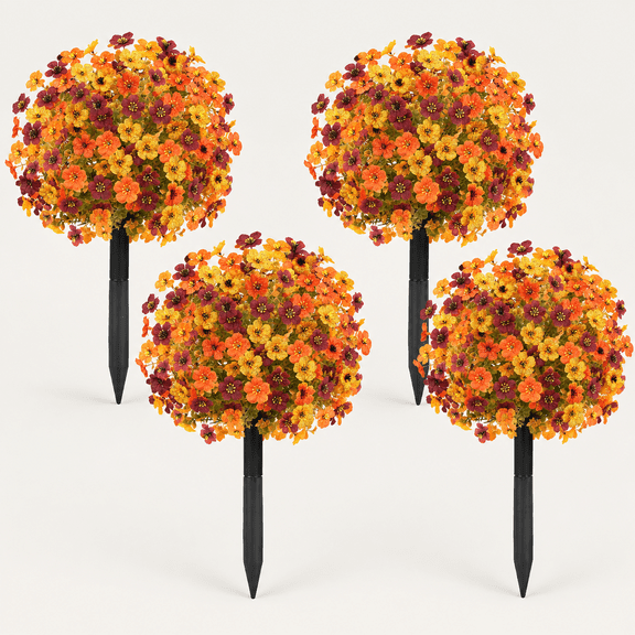 23" Artificial Fall Flowers with Stakes Outdoor, Topiary Ball Mums Flower