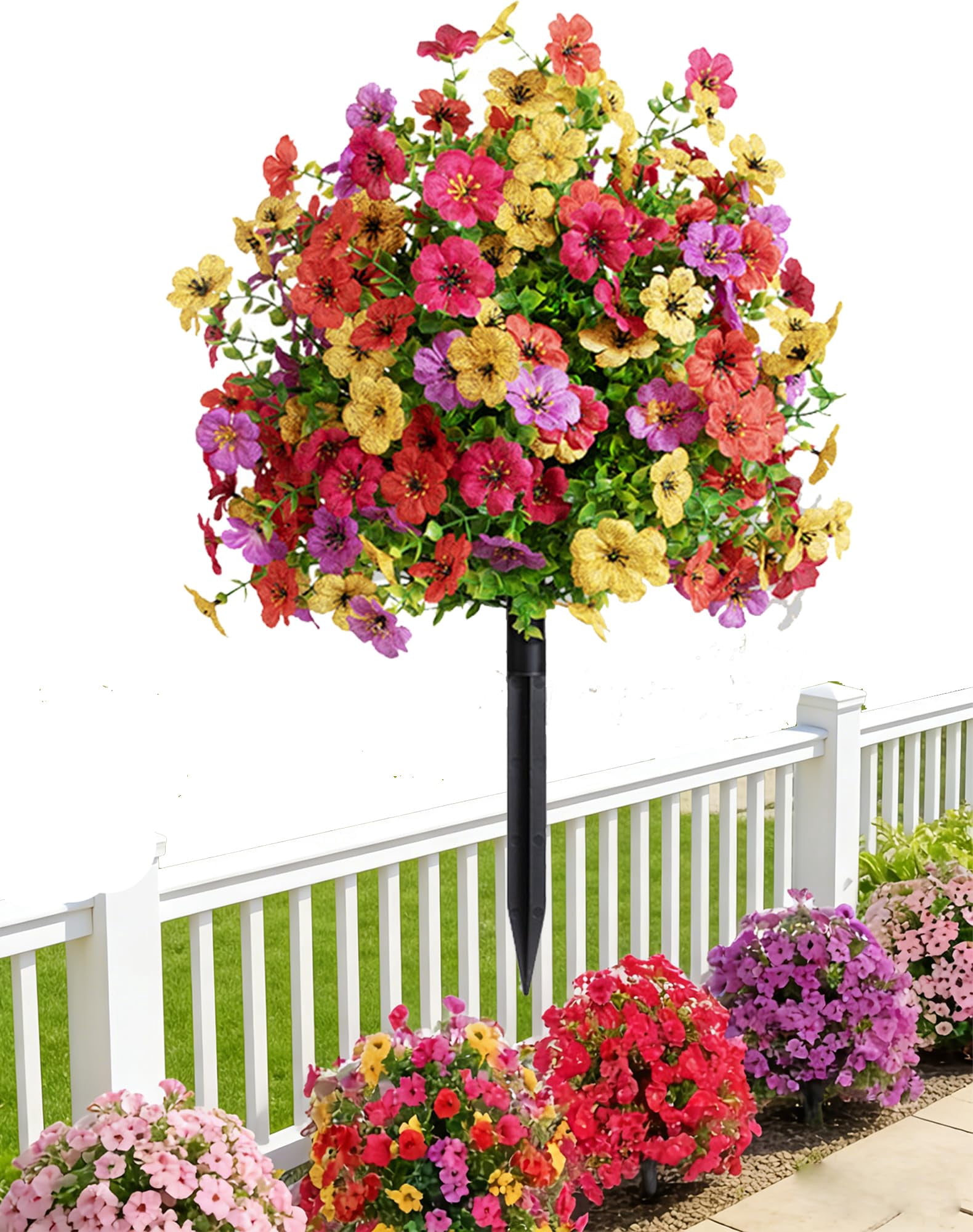 23" Artificial Topiary Ball Trees with Flowers and Ground Spikes, Ground Insert Faux Violet Flowers, Artificial Violet with Stakes for Outdoor Indoor Garden Home Decoration