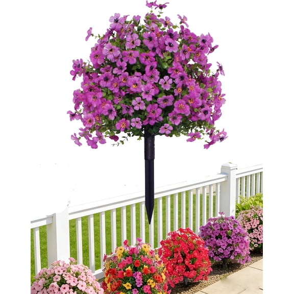 23" Artificial Topiary Ball Trees with Flowers and Ground Spikes, Ground Insert Faux Violet Flowers, Artificial Violet with Stakes for Outdoor Indoor Garden Home Decoration