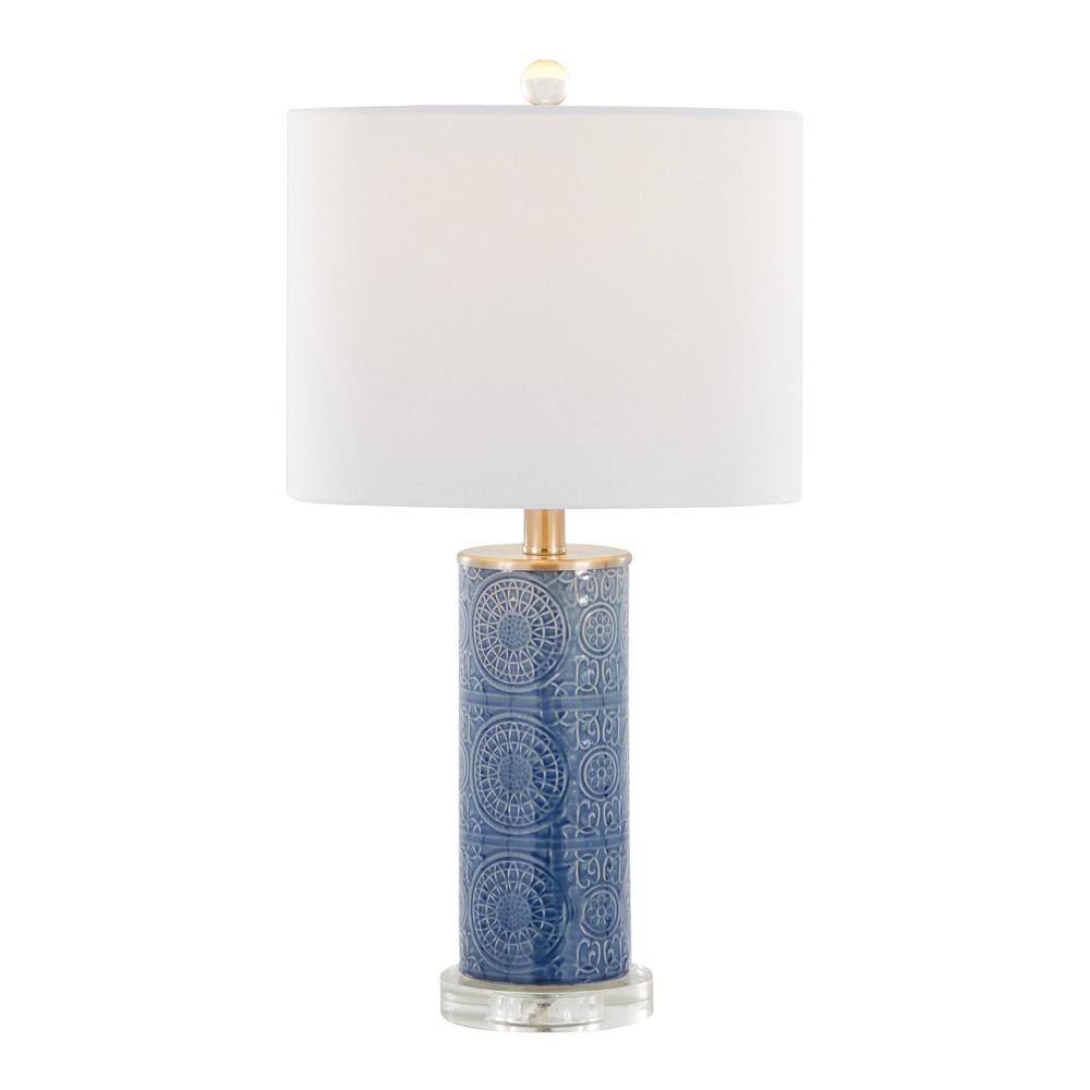 Bijou Blue Ceramic Table Lamp with White Shade and Crystal Base