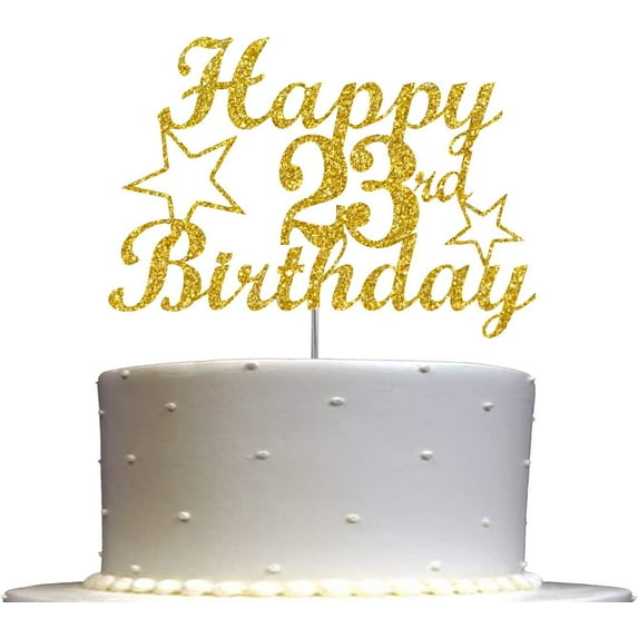 23 Birthday Cake Topper Gold Glitter, Party Decoration Ideas, Sturdy Doubled Sided Glitter, Acrylic Stick. Made in USA (23rd)
