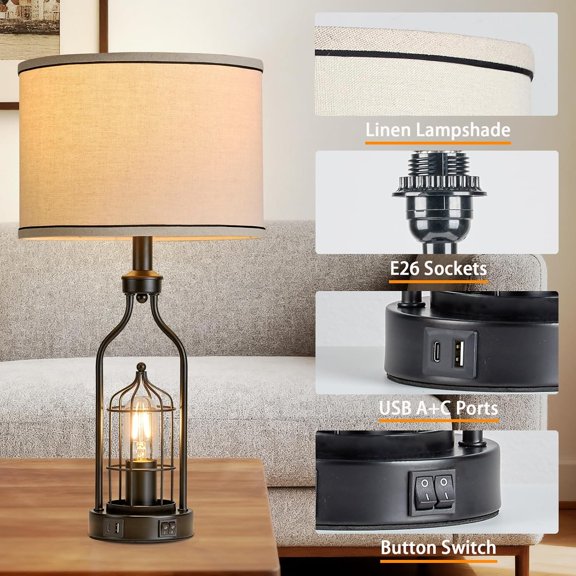 23" Black Lamps for Living Room Set of 2 - Industrial Lamps for Night Stands with USB C+A Ports, Farmhouse Bedside Lamp for Bedroom End Tables, Bulbs Included$$Tools & Hardware Other