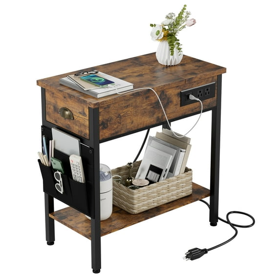 23 " Black Side Table with Charging Station, Storage Drawers USB Ports/Outlets for Living Room Brown