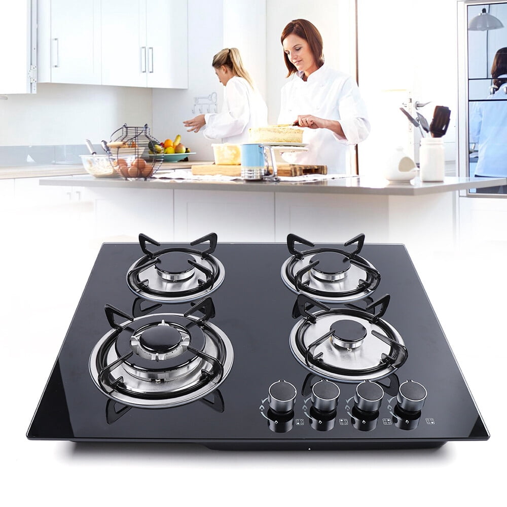 23” Built-in Gas Cook Cooktop Stove, 4 Burner NG/LPG Gas Hob Cooktop Electronic Ignition High-Power Gas Stove Countertop Tempered Glass Easy to Clean Cooker