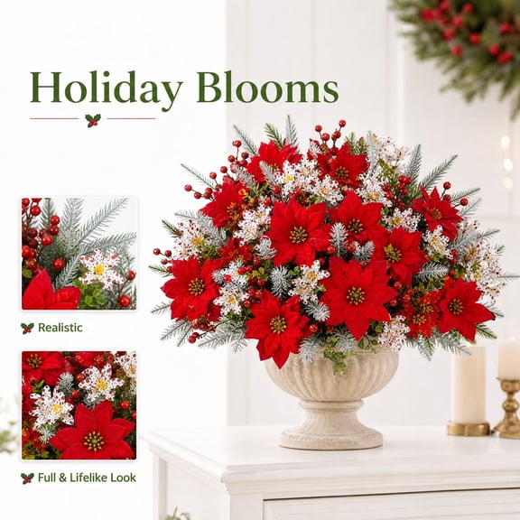 23-Bunch Artificial Christmas Flower Set with Poinsettias, Berries, and Daisies, Red and White Faux Stems, for Holiday Home and Yard Decoration
