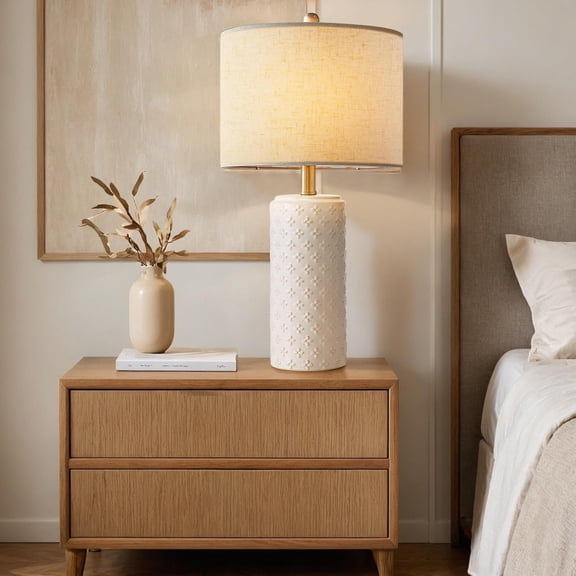 23" Ceramic Table Lamp Set of 2, 3-Way Dimmable Ceramic Table Lamp for Bedroom Farmhouse Bedside, Modern White Desk Lamps Office Reading Lamp for Living Room, Desk, End Table Lamps, LED Bulb