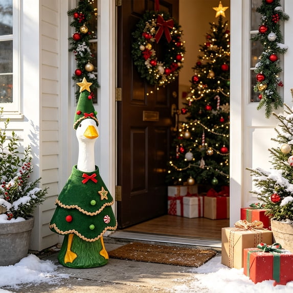 23" Christmas Tree Porch Goose Clothes - Green Velvet Tree Shape Coat with Star Pattern, Bow & Pointy Gold Star Hat - Xmas Goose Costumes for Outdoor Lawn Patio Garden Yard Statue Goose Decor - C