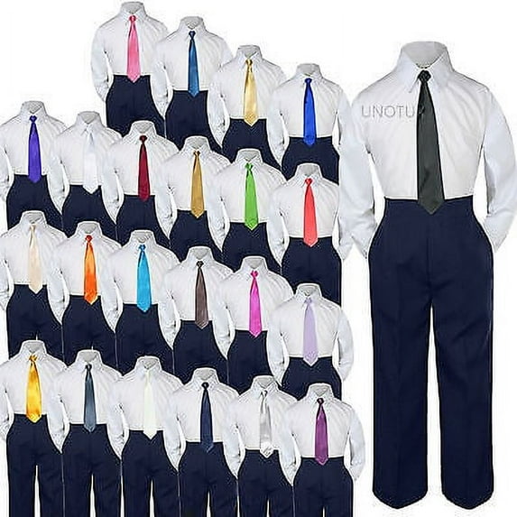 23 Color 3 pc Navy Set Necktie Shirt Pants Boys Baby Toddler Kid Formal Suit S-7