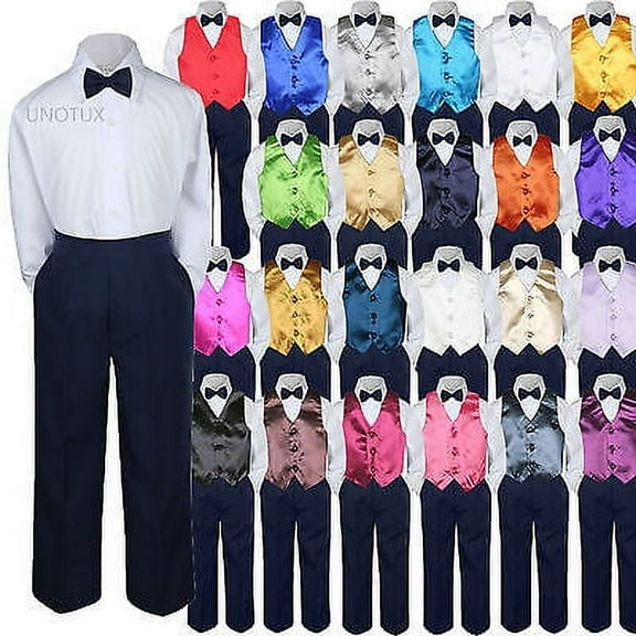23 Color Choice 4pc Vest Bow Tie Boys Suit Navy Set Baby Toddler Kid Formal S-7
