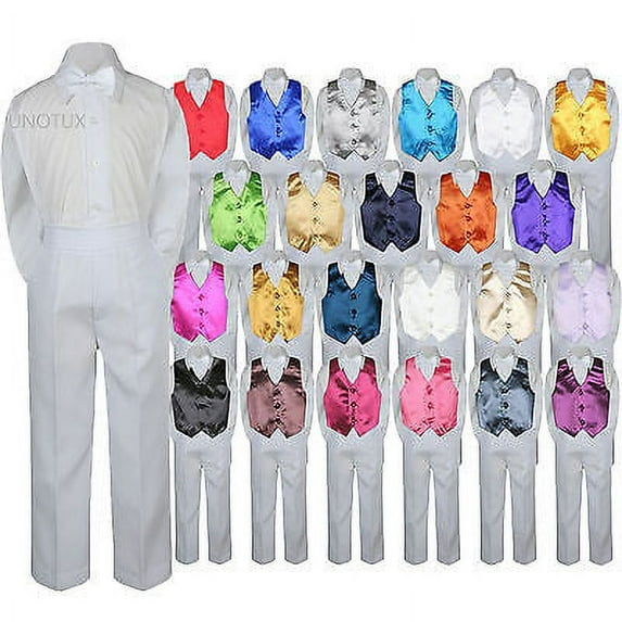 23 Color Choice 4pc Vest Bow Tie Boys Suit White Set Baby Toddler Kid Formal S-7