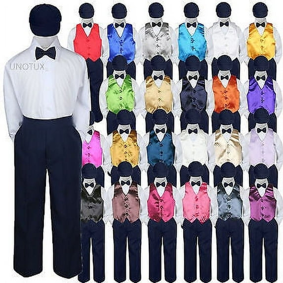 23 Color Choice 5pc Vest Bow Tie Boys Suit Navy Hat Baby Toddler Kid Formal S-7
