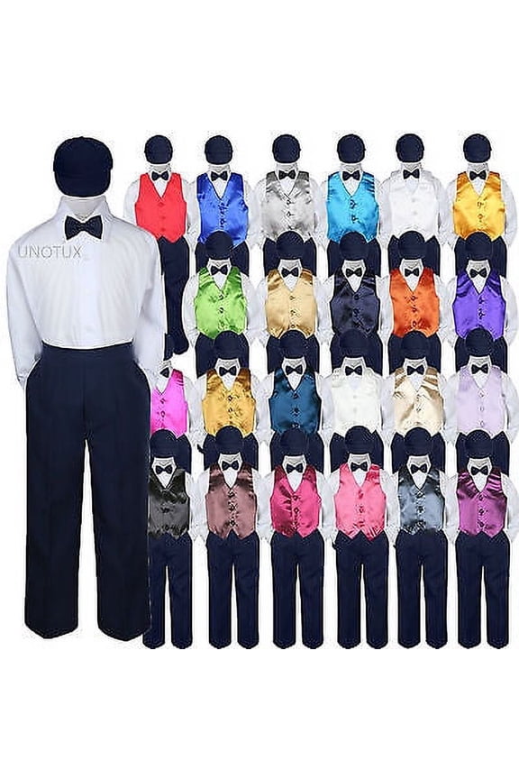 23 Color Choice 5pc Vest Bow Tie Boys Suit Navy Hat Baby Toddler Kid Formal S-7