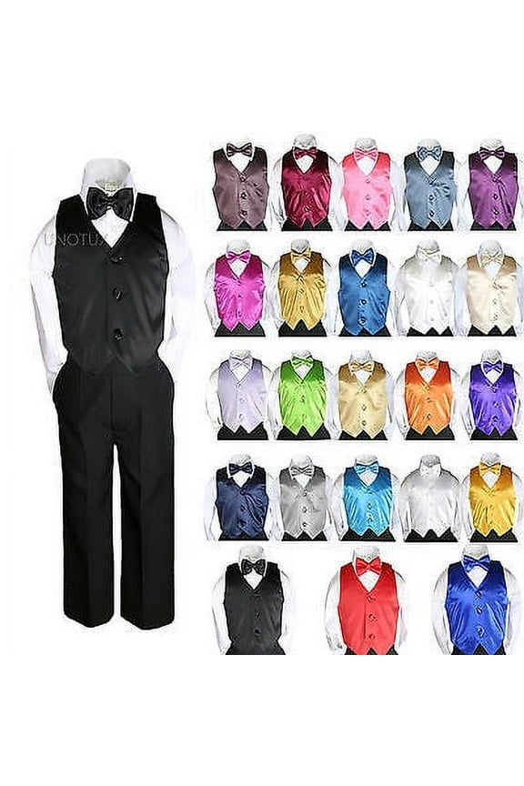 23 Color Satin 4 Piece Set Vest Bow Tie Boy Baby Toddler Formal Tuxedo Suit 8-20
