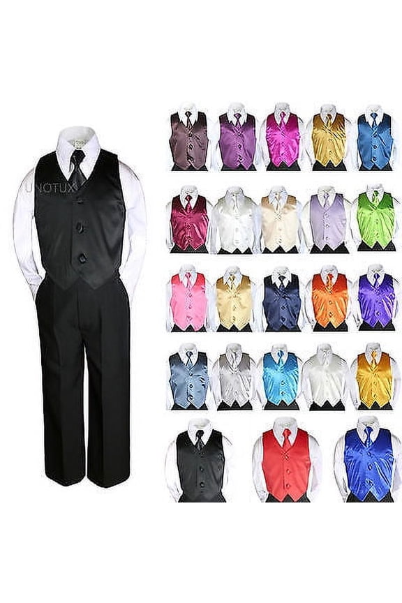 23 Color Satin 4 Piece Set Vest Necktie Boy Baby Toddler Formal Tuxedo Suit 8-20