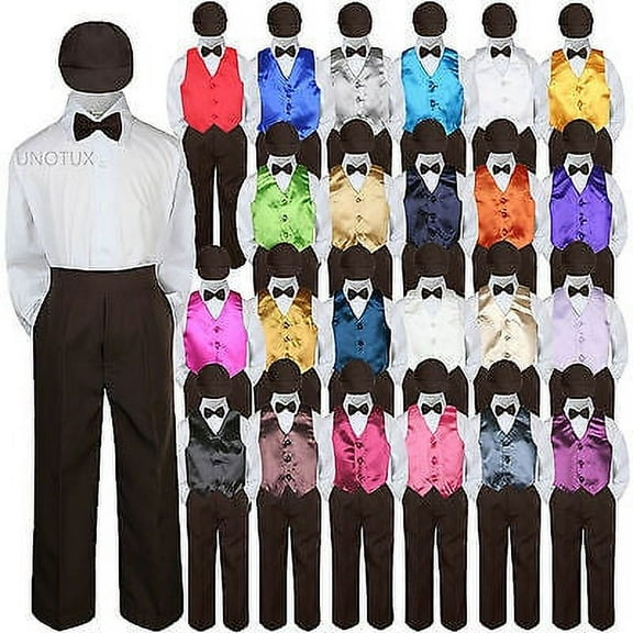 23 Color Vest Brown Bow Tie Hat Pants Boys Baby Toddler Formal Suits 5pc Set S-7
