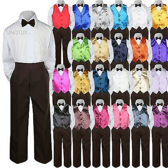 23 Color Vest Brown Bow Tie Pants Boy Baby Toddler Formal Tuxedo Suit 4pc sz S-7