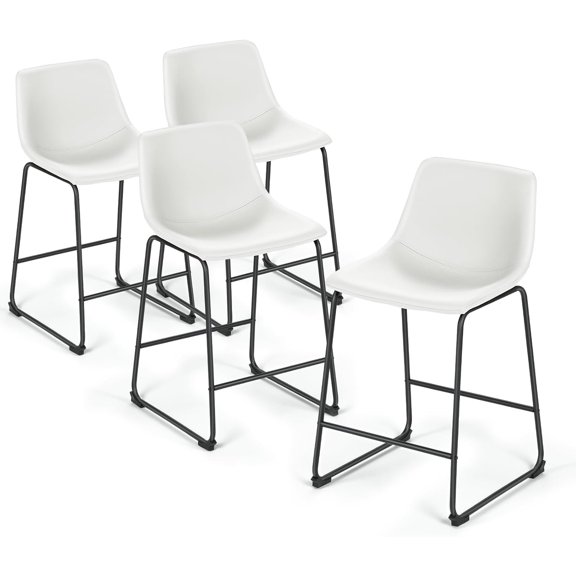 23'' Counter Height Bar Stools Bar Chairs Set of 2 Modern PU Leather Bucket Chairs with Back Soft Foam Filled Metal Frame Bar Stools with Footrest for Pub, Bistro, Kitchen, White