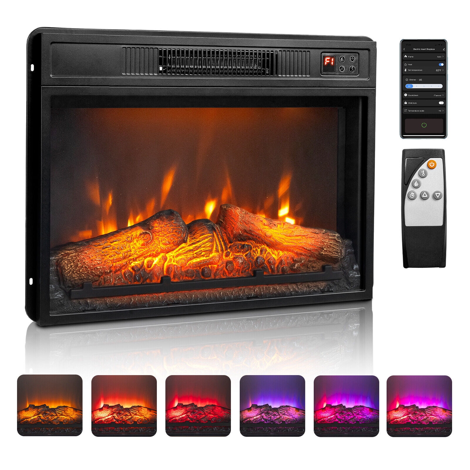 23" Electric Fireplace Insert,1400W Recessed Stove Heater w/6 Flame