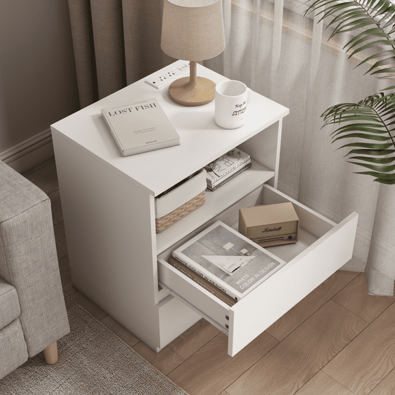 23" End Table with Charging Station, Sofa Side Table with 2 Drawers and Open Storage, Modern Wood Storage Cabinet for Living Room, Bedroom, Office, White