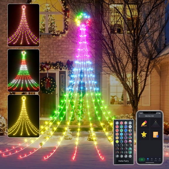 Smart Star Waterfall Christmas Lights, 23 FT 335 LED 74 Modes Color Changing Tree String Lights with App and Remote Control Music Sync Timer Indoor Outdoor Christmas Decor