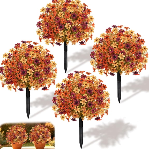23" Fall Artificial Flowers with Stake, Fall Mums Topiary Balls
