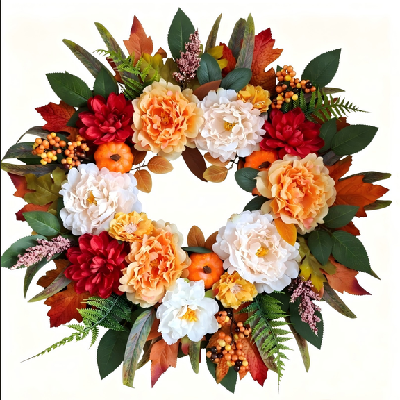 23" Fall Wreath for Front Door, Large Autumn Peony Wreath with Pumpkins, Dahlias, Fall Door Decoration for Home Porch Farmhouse Decor, Thanksgiving Halloween Decoration