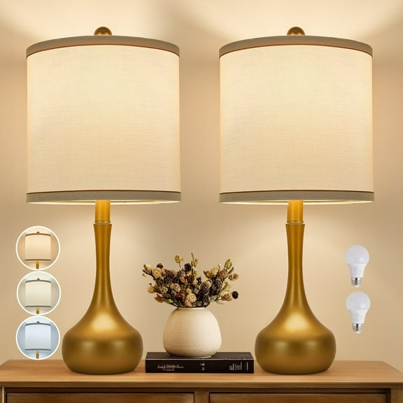 23" Farmhouse Table Lamp Set of 2, Golden Metal Modern Bedside Lamps for Living Room, 3 Color Temperature Rustic Table Lamps for Bedroom, Night Stands, Dorm,Office, Home Décor (Bulb Included)