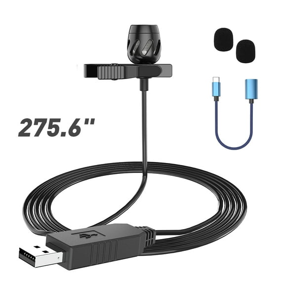 23 Feet USB Lavalier Lapel Microphone with Clip-on Omnidirectional Condenser Computer Mic Plug & Play for Laptop,PC,Mac,Desktop for YouTube,Zoom,Streaming,Video Recording,Podcasting with USB C Adapter
