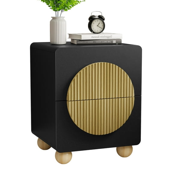 23" Fluted Nightstands with Solid Wood Legs, Modern Style Black Bedside Table with Round Moon Handle & Storage, Mid Century Cute Night Stand for Bedroom, Side Table, End Table for Dorm