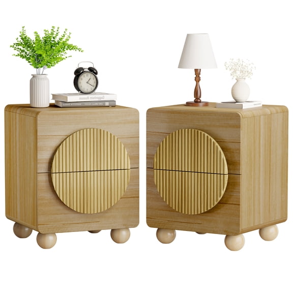 23" Fluted Nightstands with Solid Wood Legs Set of 2, Modern Style Natural Bedside Table with Round Moon Handle & Storage, Mid Century Cute Night Stand for Bedroom, Side Table, End Table for Dorm
