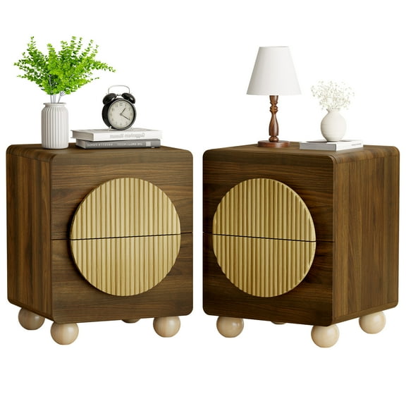 23" Fluted Nightstands with Solid Wood Legs Set of 2, Modern Style Walnut Bedside Table with Round Moon Handle & Storage, Mid Century Cute Night Stand for Bedroom, Side Table, End Table for Dorm