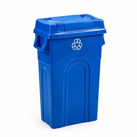23 Gallon Highboy Plastic Recycling Bin with Lid & Pass Through Handles, Recycle Blue