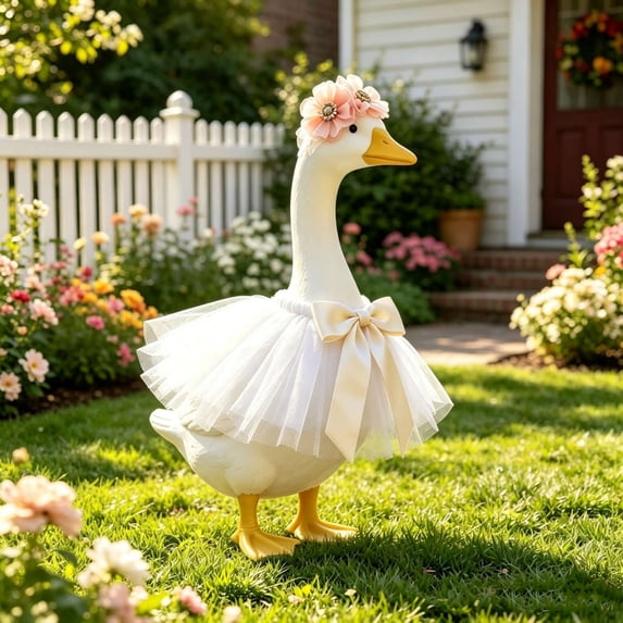 23" Goose Garden Skirt, Puffy Tulle Dress, White Goose Outfit for Patio Decoration, Waterproof Polyester Lawn Goose Costume, Fluffy Ballet Skirt, Spring Yard Art