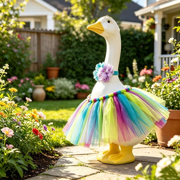 23" Goose Puffy Outfit, Garden Skirt Costume, Large White Goose Clothes for Porch, Ruffled Tulle Tutu, Weather Resistant Outdoor Decor, Easy to Put On Design
