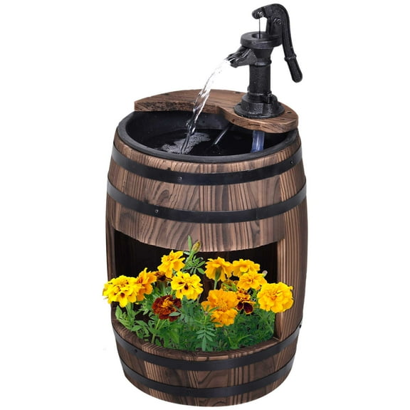 23" H Outdoor Water Fountain Wood and Plastic Rustic Apple Barrel Pump Garden Decor for Outside Backyard