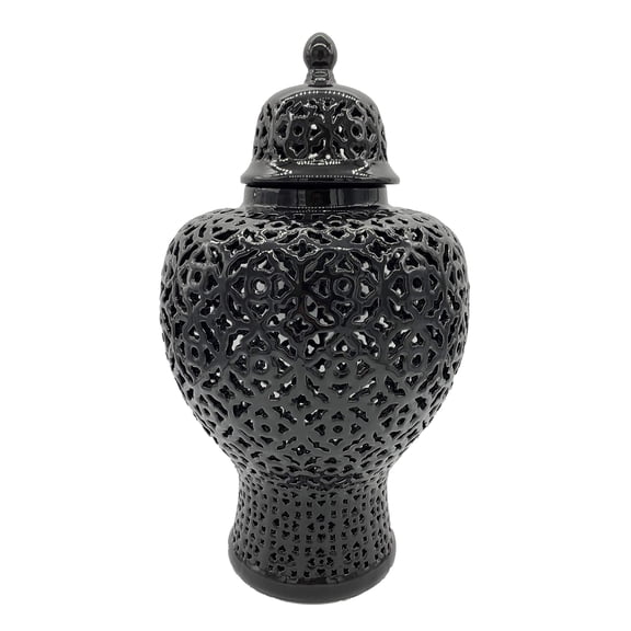 23" Hand Carved Cutout Lattice Ginger Jar with Lid - Porcelain Home Decor with Intricate Mediterranean Inspired Filigree Lattice Work Decoration (Black)