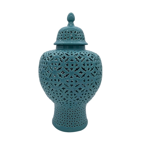 23" Hand Carved Cutout Lattice Ginger Jar with Lid - Porcelain Home Decor with Intricate Mediterranean Inspired Filigree Lattice Work Decoration (Turquoise)